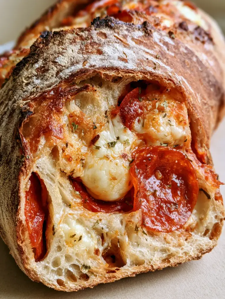 Pepperoni Pizza Sourdough Bread: The Ultimate Artisan Loaf 1 Handheld photo of Pepperoni Pizza Sourdough Bread highlighting the golden-brown flour-dusted crust and green oregano flakes.
