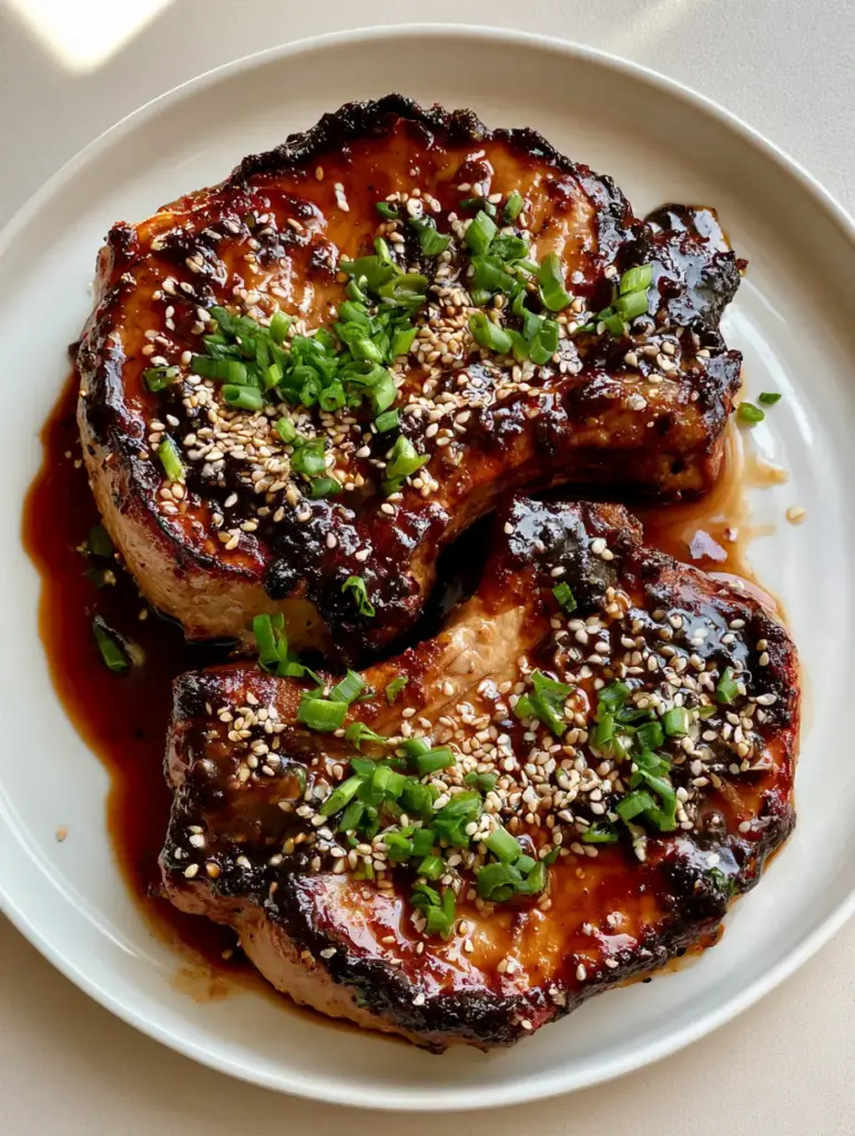 Baked Brown Sugar Pork Chops with a Glossy Caramelized Glaze 1 Close up of two Baked Brown Sugar Pork Chops on a ceramic plate highlighting the toasted sesame seed garnish.