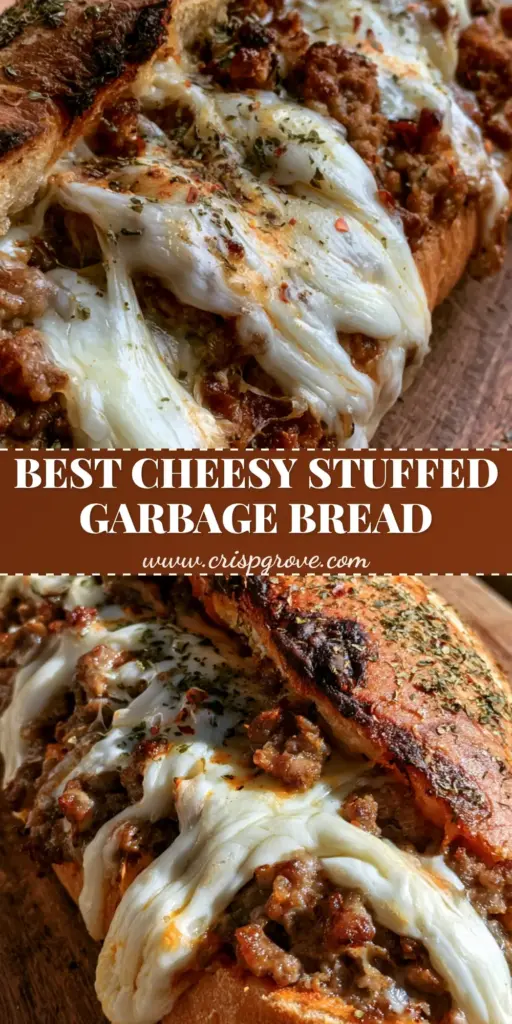Garbage Bread Recipe: The Ultimate Hearty Stuffed Italian Baguette 4 A crusty Italian baguette sliced and stuffed with browned meat and bubbling mozzarella cheese on a wooden board. (Garbage Bread Recipe)