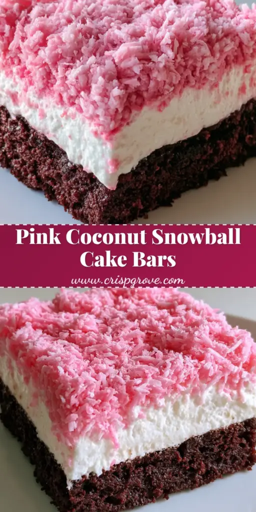 Pink Coconut Snowball Cake Bars: The Ultimate Moist Chocolate & Marshmallow Treat 4 A close-up shot of Pink Coconut Snowball Cake Bars showing clean edges with dark chocolate cake, white marshmallow cream, and vibrant pink coconut flakes.