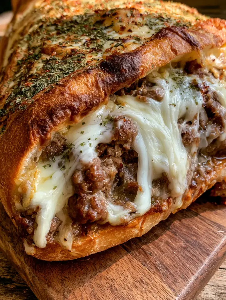 Garbage Bread Recipe: The Ultimate Hearty Stuffed Italian Baguette 2 Close up of browned ground meat and melted cheese inside a toasted baguette. (Garbage Bread Recipe)