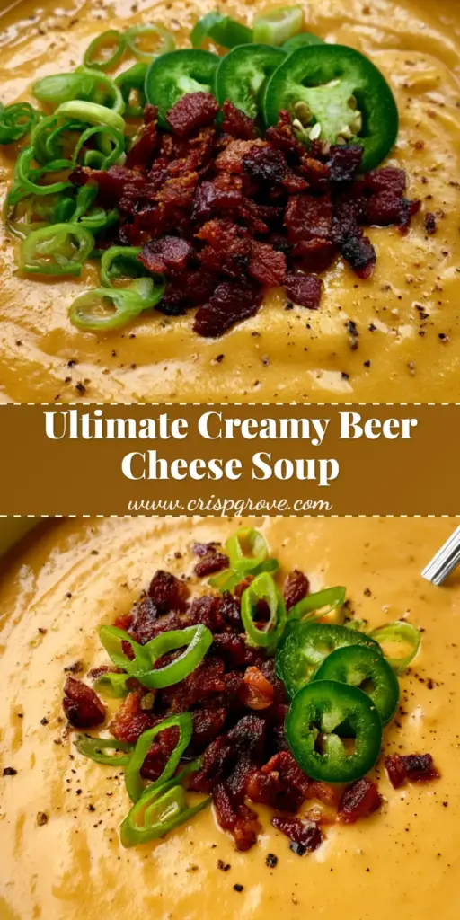 A vertical photo of Beer Cheese Soup in a white bowl topped with bacon and jalapeños, styled for Pinterest.