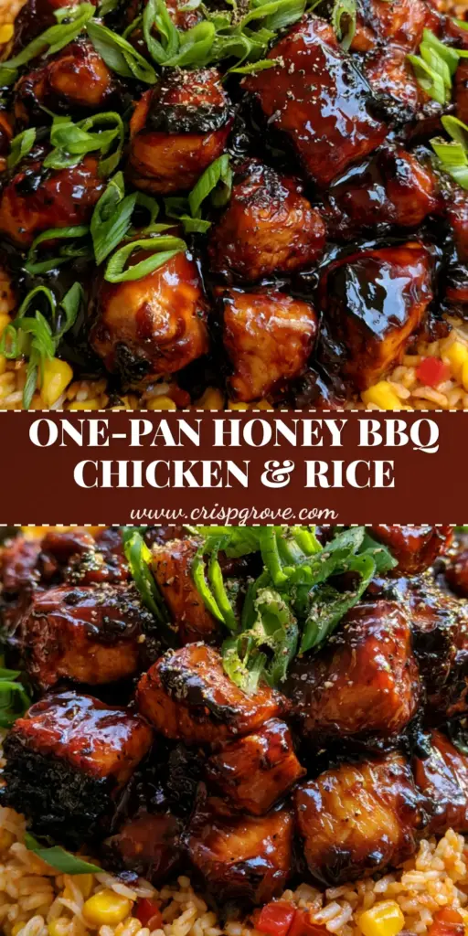 A high-angle photo of a cast iron skillet containing Honey BBQ Chicken and Rice with mahogany glaze, yellow corn, and green scallions.