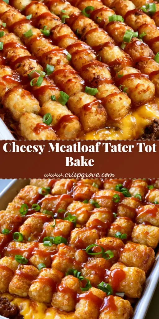 Tater Tot Meatloaf Casserole: The Ultimate Family Dinner Guide 4 A close-up shot of Tater Tot Meatloaf Casserole showing neat rows of crispy golden-brown tater tots topped with a glossy tomato ketchup zigzag and fresh green onions.