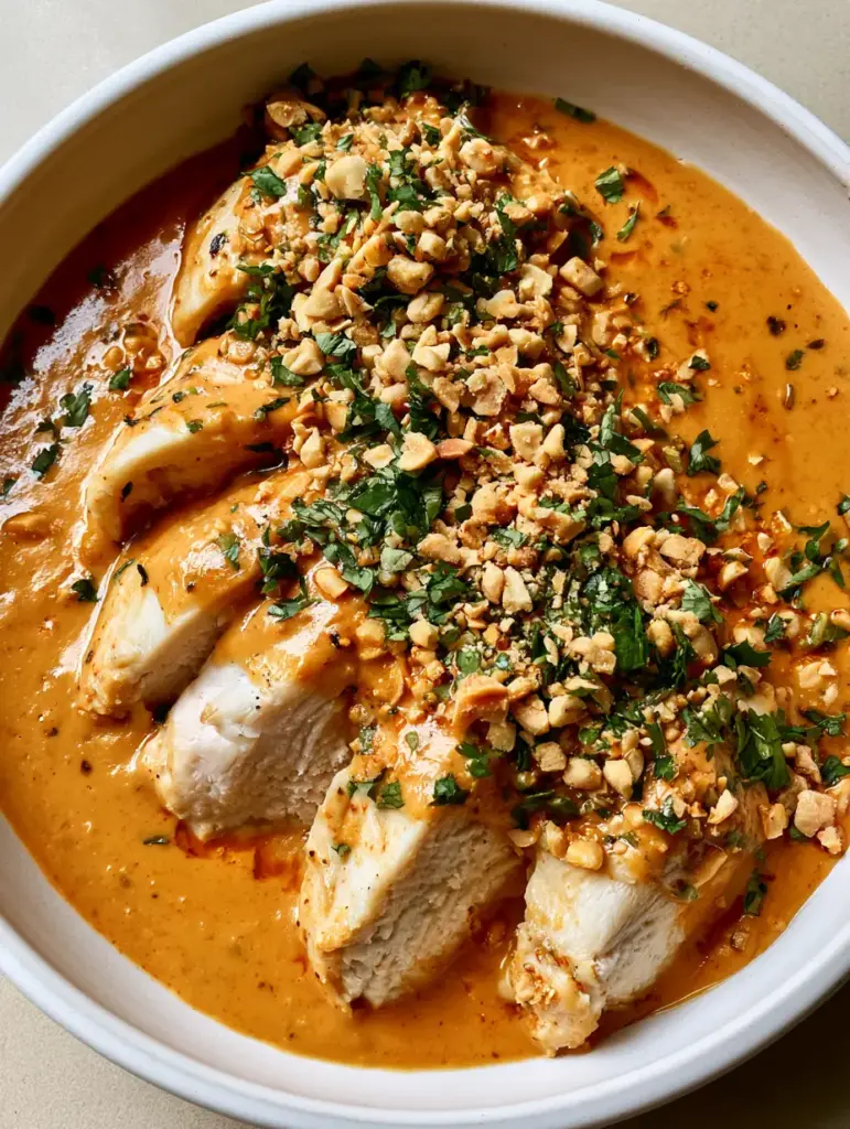 Creamy Peanut Chicken: The Ultimate 30-Minute Sliced Chicken Recipe 2 Close-up of sliced baked chicken breast in a pale orange creamy peanut sauce. (Creamy Peanut Chicken)