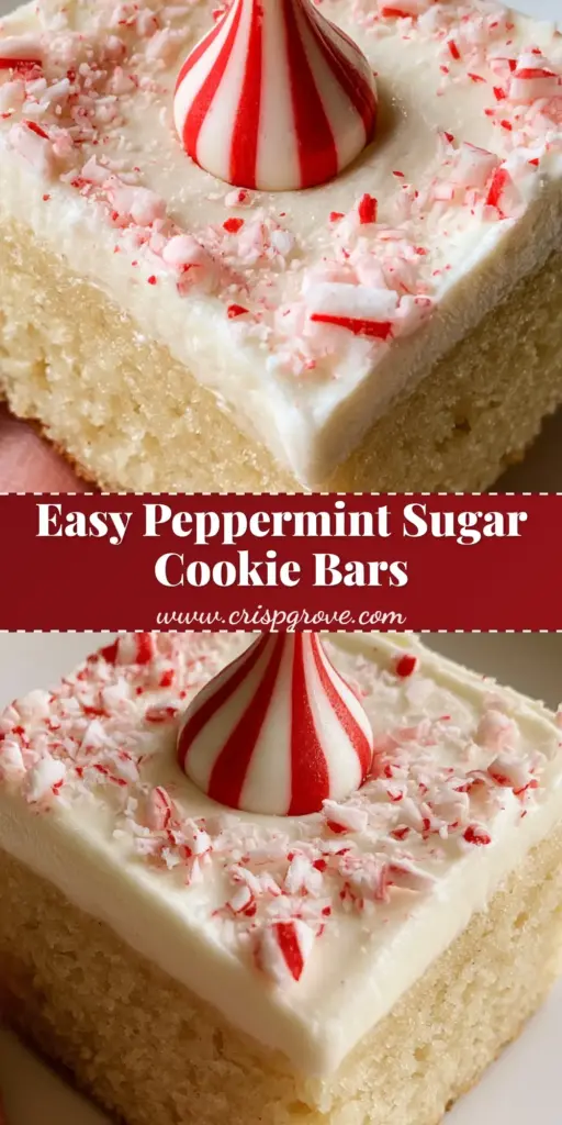Peppermint Sugar Cookie Bars with Creamy Buttercream 3 A square Peppermint Sugar Cookie Bar held in a hand, featuring a thick soft-baked base, white peppermint frosting, and a striped chocolate kiss.