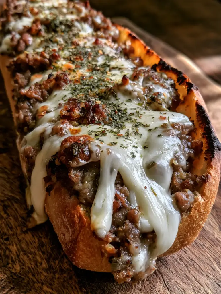 Garbage Bread Recipe: The Ultimate Hearty Stuffed Italian Baguette 1 A long stuffed Italian loaf with golden charred edges and green herb flakes.