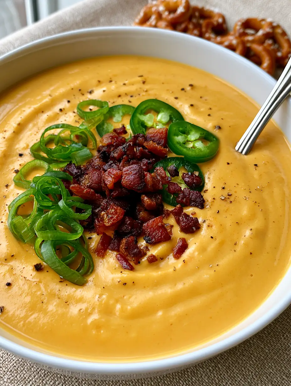 Close-up of creamy Beer Cheese Soup in a white ceramic bowl with charred bacon, scallions, and jalapeños.