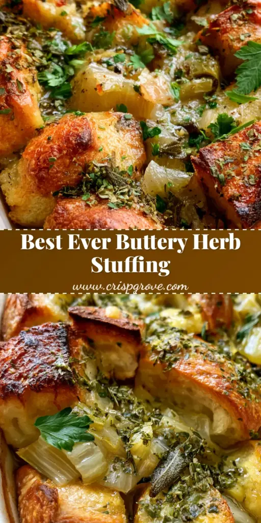 Buttery Herb Stuffing: The Ultimate Golden Sourdough Side Dish 3 A white ceramic rectangular baking dish filled with Buttery Herb Stuffing featuring toasted sourdough and white bread, glistening with melted butter and fresh herbs.