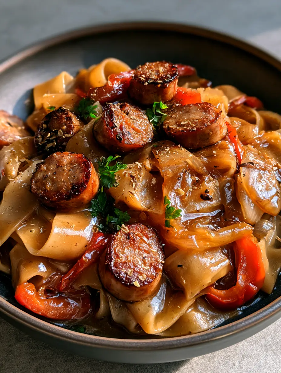 Italian Drunken Noodles with Seared Sausage and Pappardelle 4 Top-down handheld smartphone photo of Italian Drunken Noodles in a dark ceramic bowl showing glossy sauce and herbs. (Italian Drunken Noodles)