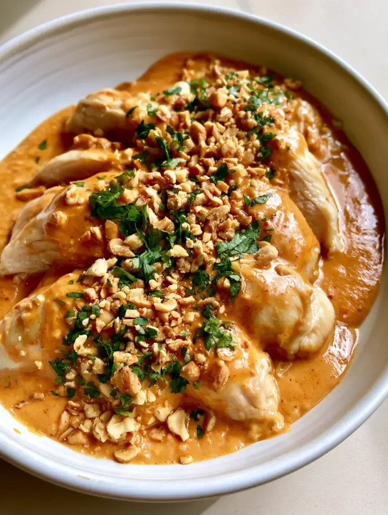 Creamy Peanut Chicken: The Ultimate 30-Minute Sliced Chicken Recipe 1 Overhead view of Creamy Peanut Chicken garnished with fresh cilantro and roasted peanuts on a minimalist tabletop.