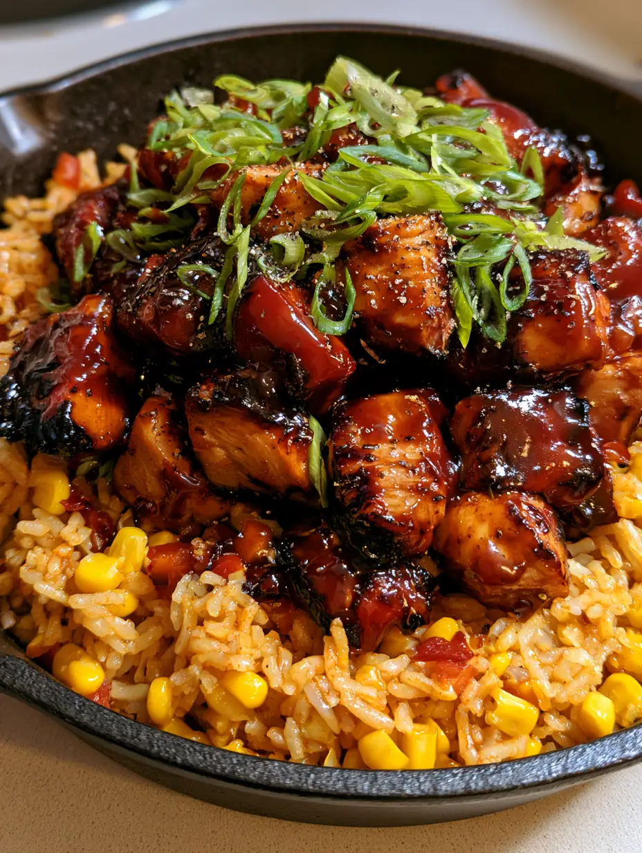 Close-up of seared cubed chicken breast coated in a thick honey BBQ glaze over seasoned yellow rice.