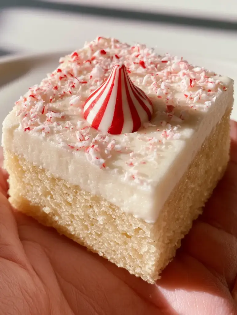 Close up shot of Peppermint Sugar Cookie Bars with thick matte white frosting and crushed candy cane shards.