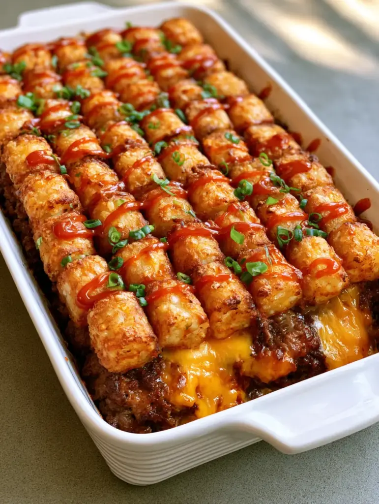 Tater Tot Meatloaf Casserole: The Ultimate Family Dinner Guide 1 A top-down view of Tater Tot Meatloaf Casserole featuring a glossy tomato glaze drizzle and scattered green scallion rings.