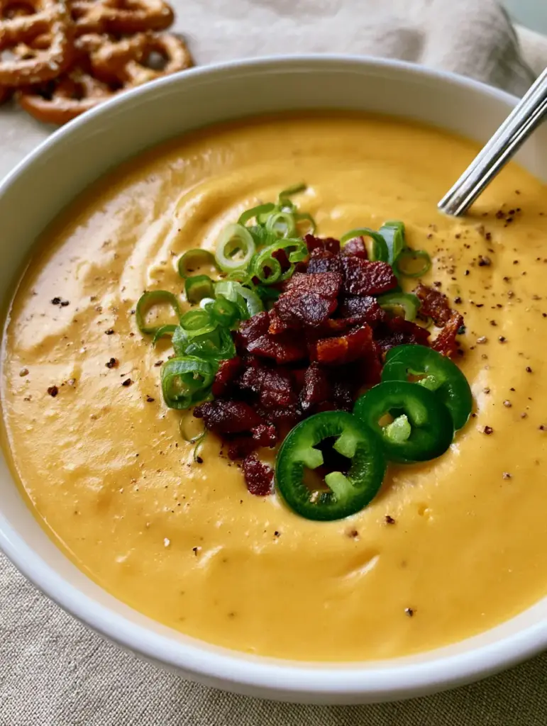 Handheld smartphone photo of Beer Cheese Soup served with salted mini pretzels on a beige linen surface.