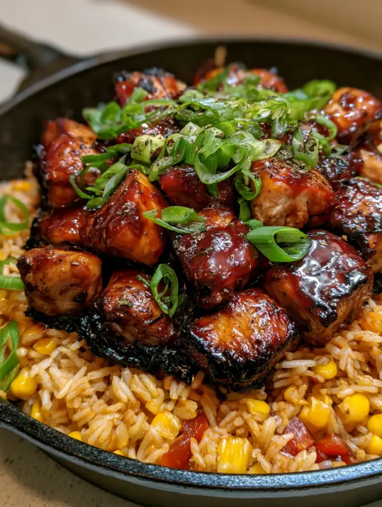 Handheld smartphone photo of a black cast iron skillet with Honey BBQ Chicken and Rice on a neutral countertop.