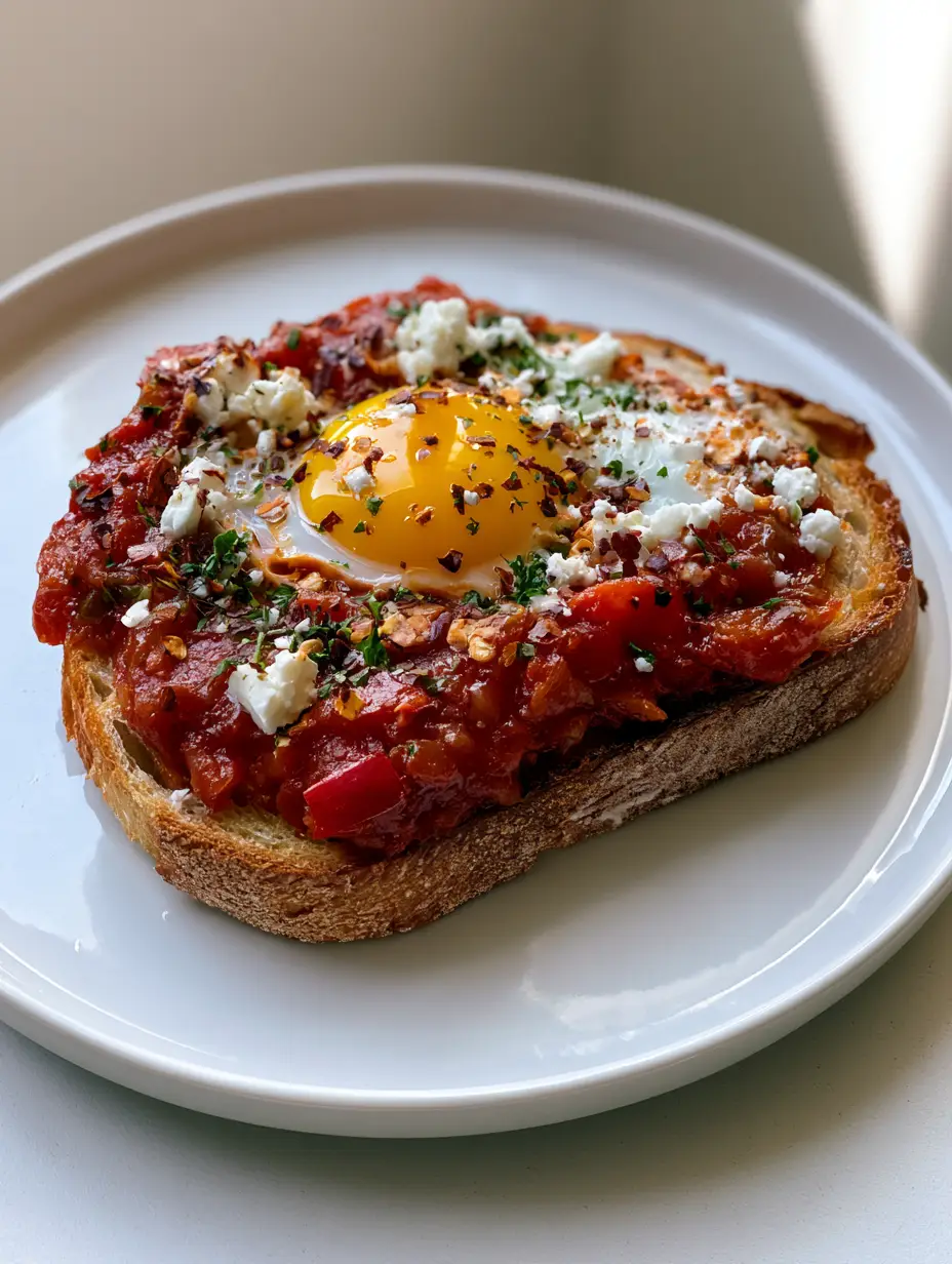 Shakshouka Toast with Feta and Runny Fried Eggs 4 Close-up handheld photo of Shakshouka Toast topped with red peppers, feta, and parsley.