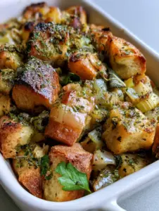 Close up of Buttery Herb Stuffing showing charred sourdough tips, green parsley flakes, and translucent celery pieces.