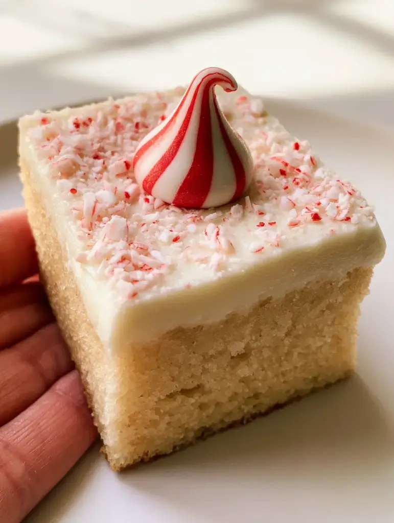 Peppermint Sugar Cookie Bars with Creamy Buttercream 1 Top down view of a handheld Peppermint Sugar Cookie Bar showing the red and white striped peppermint chocolate kiss in the center.