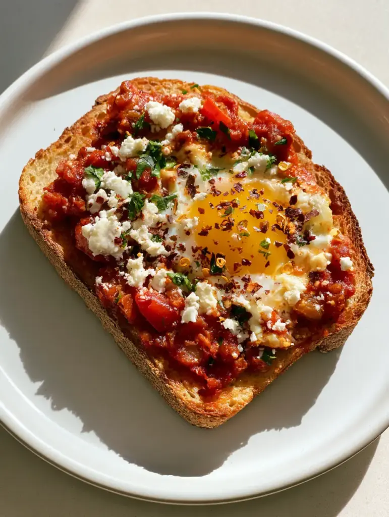 Shakshouka Toast with Feta and Runny Fried Eggs 1 Vertical shot of Shakshouka Toast with dried red chili flakes and fresh parsley garnish.