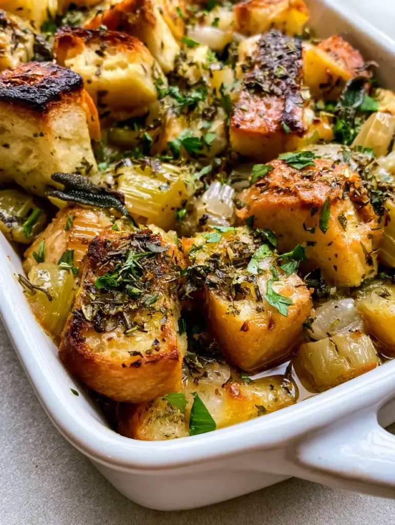 Buttery Herb Stuffing: The Ultimate Golden Sourdough Side Dish 1 High angle shot of Buttery Herb Stuffing in a white dish on a grey background with natural light.