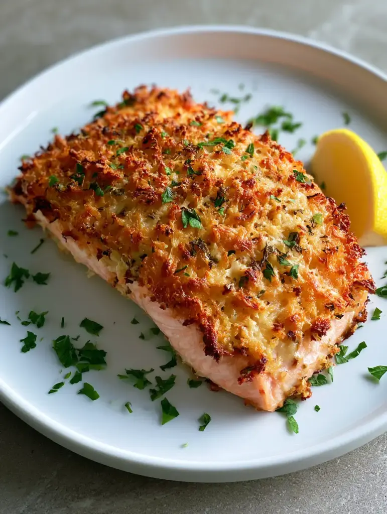 Parmesan Crusted Baked Salmon with Garlic Herb Topping 2 Close up view of the thick golden-brown parmesan crust on a baked salmon fillet.