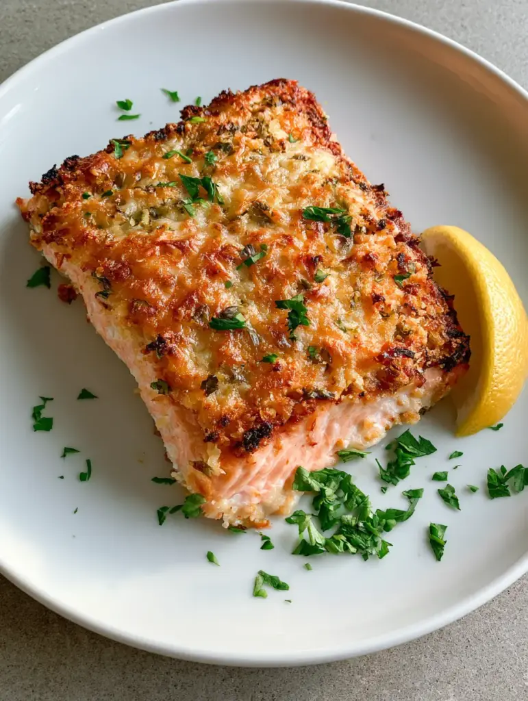 Parmesan Crusted Baked Salmon with Garlic Herb Topping 1 Parmesan Crusted Baked Salmon served with a fresh lemon wedge on a neutral stone background.