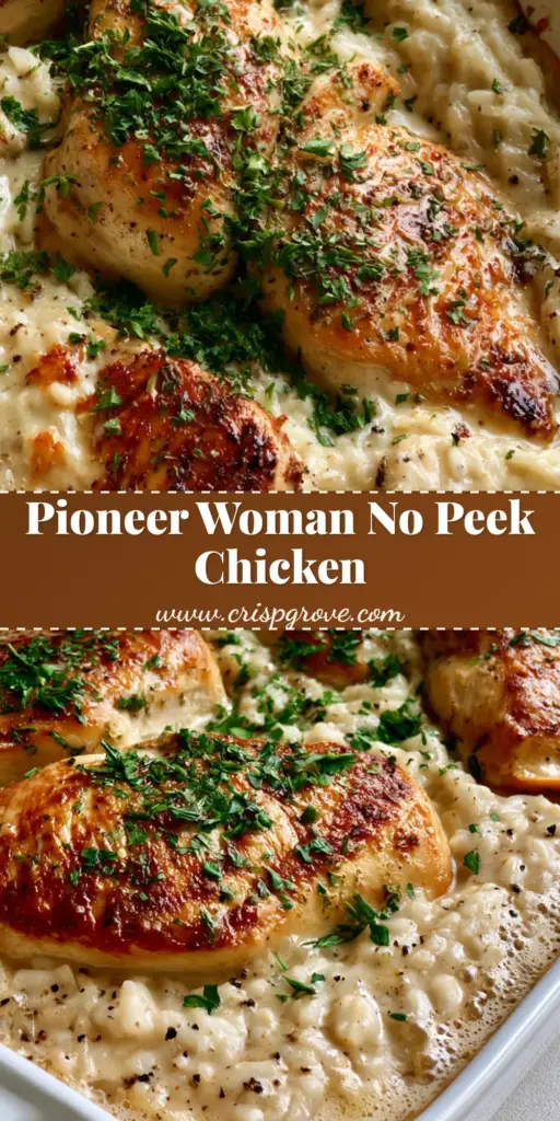 A top-down view of No Peek Chicken and Rice in a white ceramic dish, featuring seared golden-brown chicken and creamy white rice topped with green parsley.
