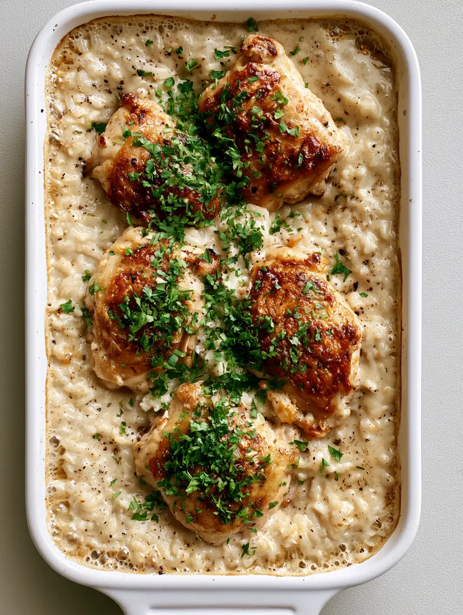 Close-up of golden-brown seared chicken breast nestled in bubbly cream sauce and white rice with cracked black pepper. (No Peek Chicken and Rice)