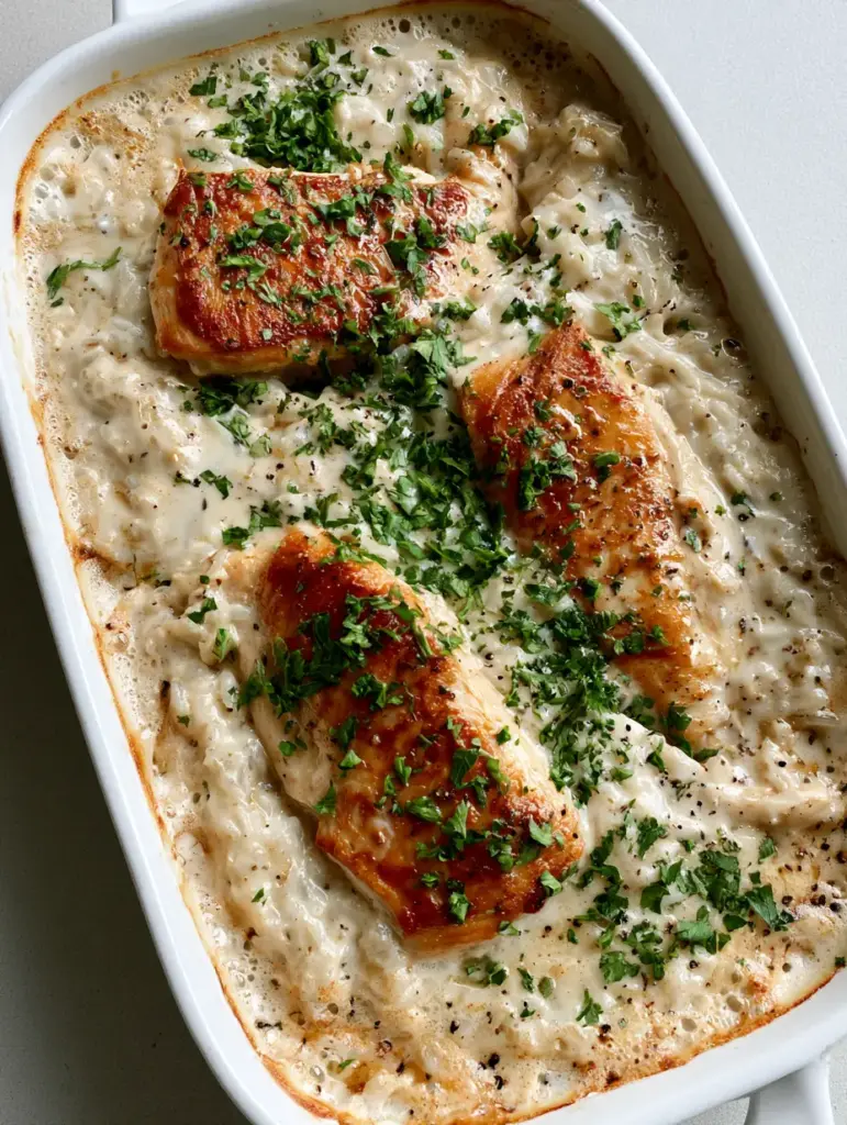 A wide shot of the No Peek Chicken and Rice bake in a white rectangular ceramic dish on a light grey background.