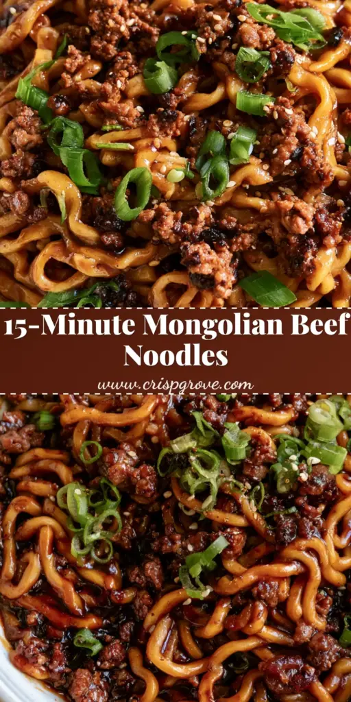 Mongolian Ground Beef Noodles with a Glossy Mahogany Sauce 4 A close-up shot of Mongolian Ground Beef Noodles in a white bowl, showing thick wavy noodles in a glossy dark sauce with scallions and sesame seeds.