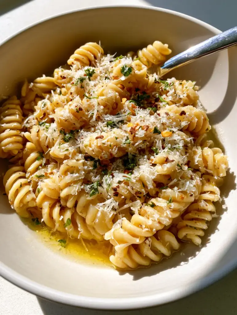Garlic Butter Pasta: The Ultimate 15-Minute Glossy Rotini Recipe 2 Close-up handheld photo of Garlic Butter Pasta in a shallow white bowl showing the translucent sauce and parmesan garnish.