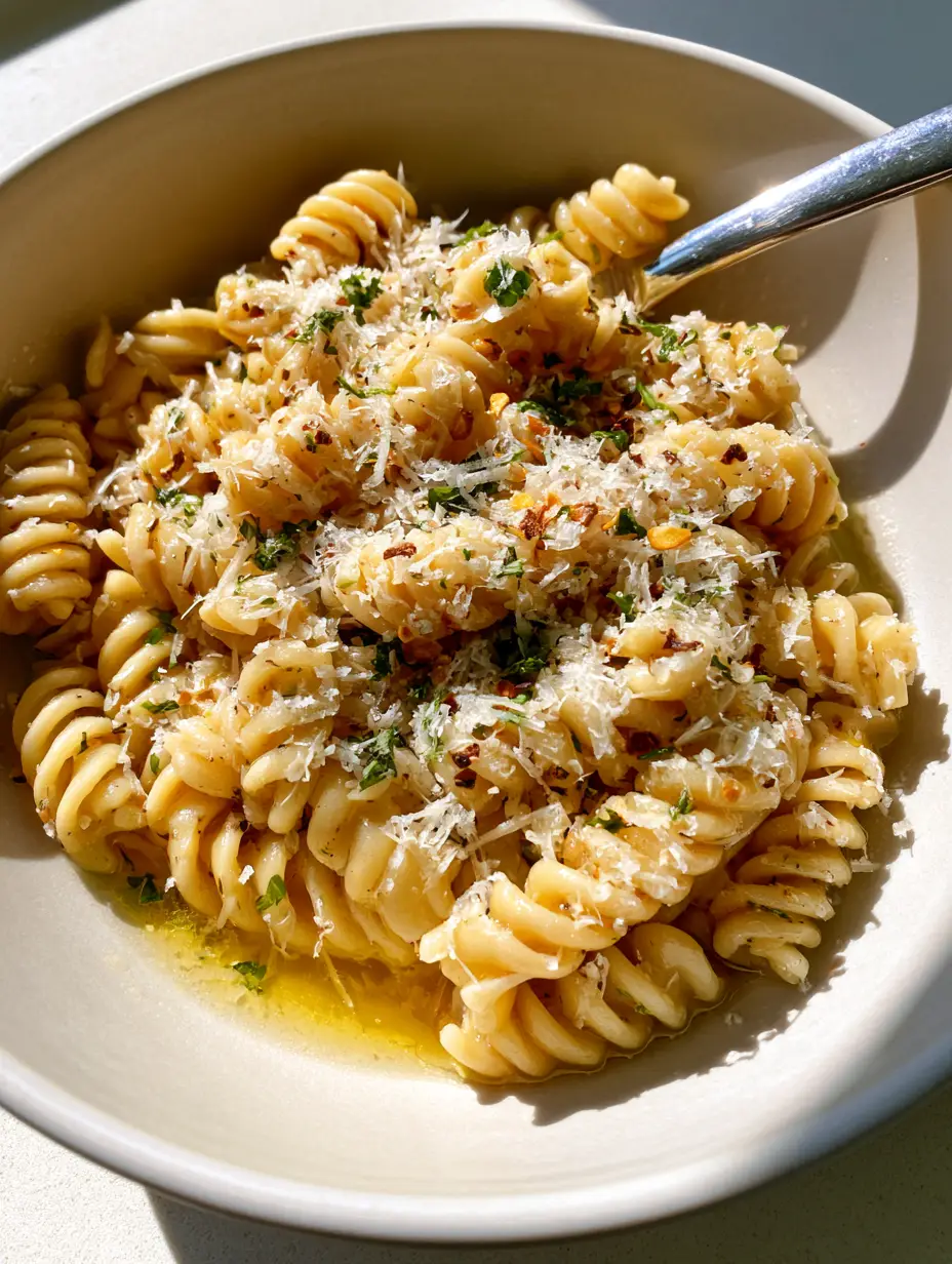 Garlic Butter Pasta: The Ultimate 15-Minute Glossy Rotini Recipe 4 Close-up handheld photo of Garlic Butter Pasta in a shallow white bowl showing the translucent sauce and parmesan garnish.