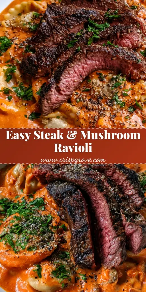 Steak and Mushroom Ravioli with Creamy Tomato Sauce 4 A shallow white ceramic bowl featuring mushroom ravioli in a vibrant orange-red cream sauce topped with medium-rare seared steak strips, parsley, and cracked black pepper. (Steak and Mushroom Ravioli)