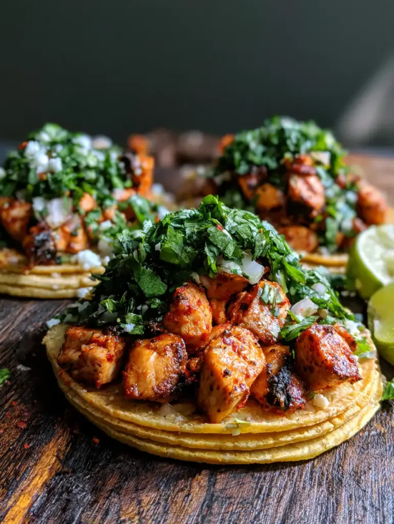 Chicken Street Tacos with Charred Seasoned Poultry and Cotija 2 Close-up of golden-brown diced chicken street tacos with visible red spice seasoning and charred edges on corn tortillas.