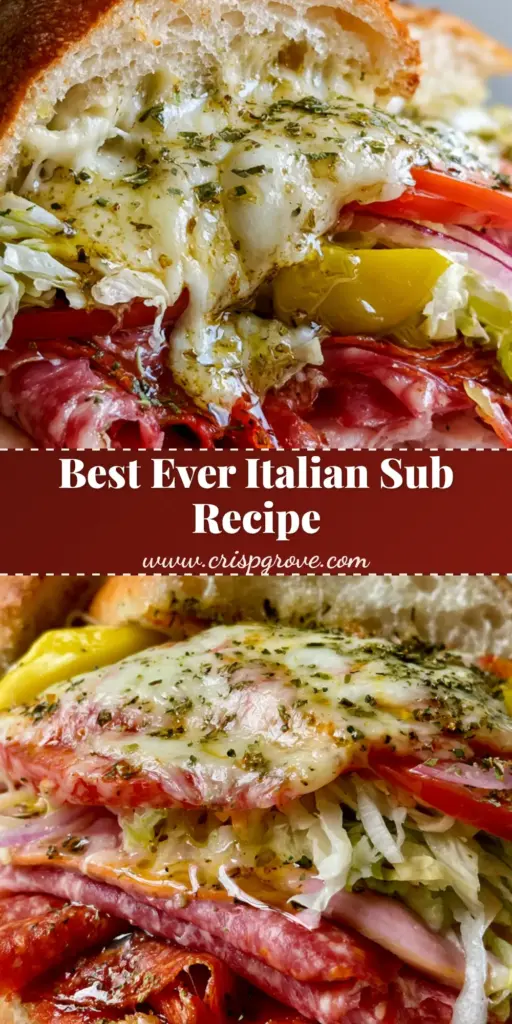Italian Sub Sandwich: The Ultimate Oven-Toasted Deli Classic 4 A close-up vertical shot of an Italian Sub Sandwich showing layers of melted provolone, cured meats, and fresh shredded lettuce on a toasted hoagie roll.