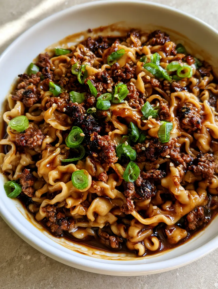 Mongolian Ground Beef Noodles with a Glossy Mahogany Sauce 3 Overhead view of Mongolian Ground Beef Noodles featuring seared beef crumbles and glossy mahogany sauce. (Mongolian Ground Beef Noodles)