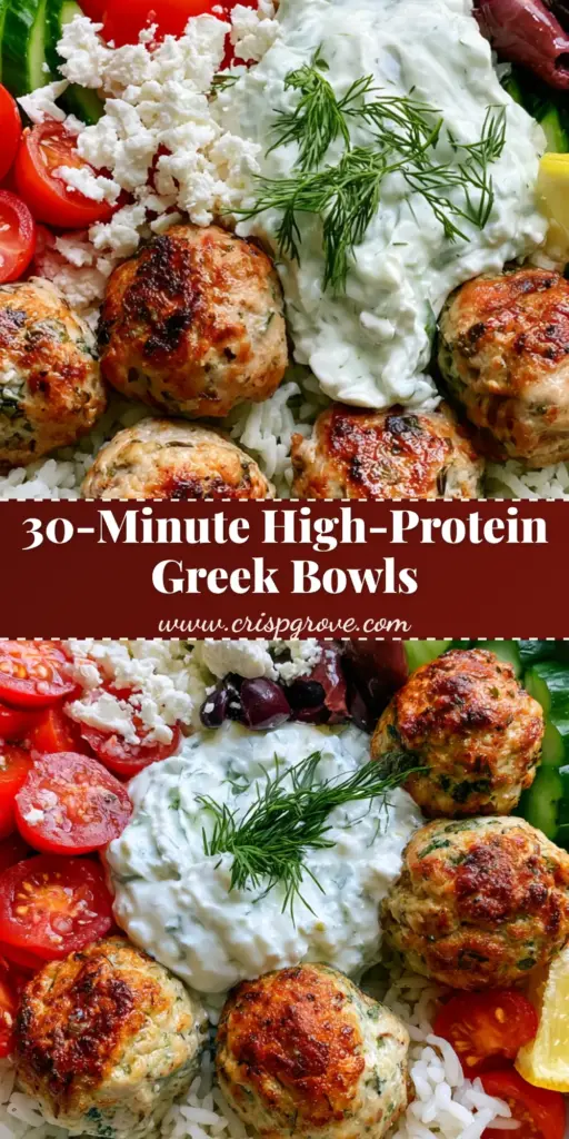 A shallow white ceramic bowl containing Greek Turkey Meatball Bowls with rice, seared meatballs, cucumbers, tomatoes, and tzatziki.