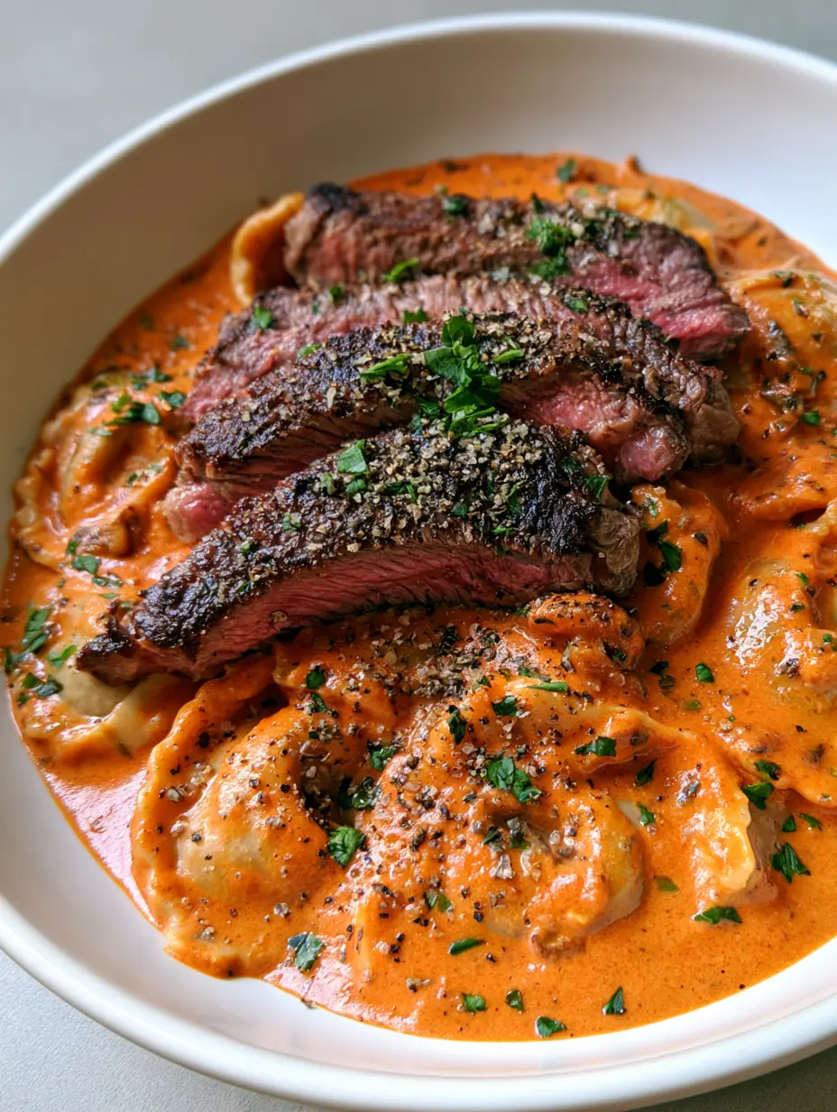 Steak and Mushroom Ravioli with Creamy Tomato Sauce 3 Close up handheld photo of Steak and Mushroom Ravioli in a shallow white bowl with a charred steak crust and pink center. (Steak and Mushroom Ravioli)