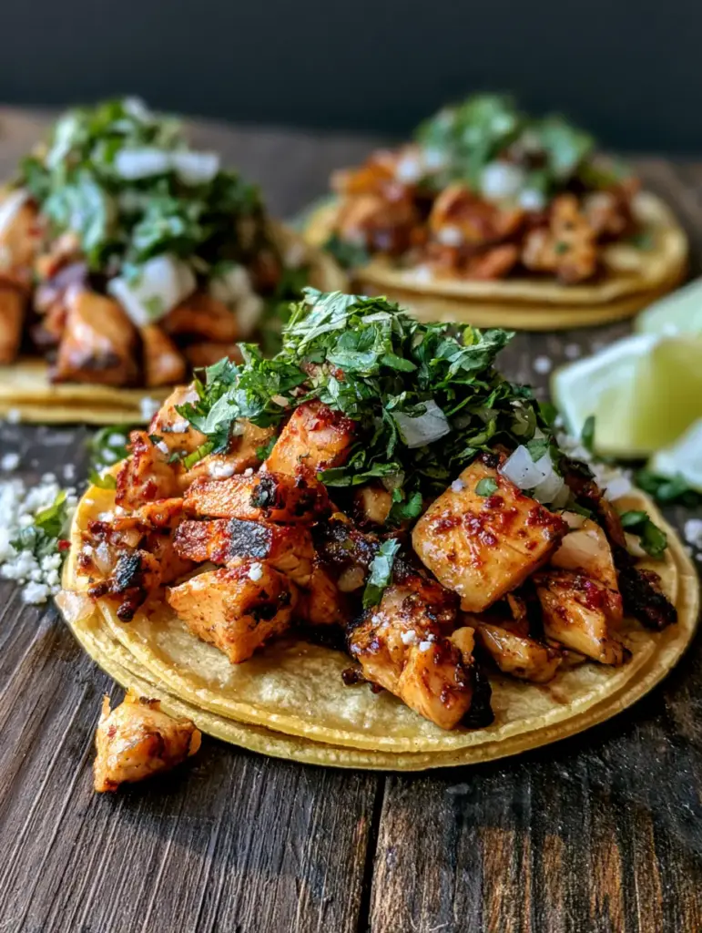 Chicken Street Tacos with Charred Seasoned Poultry and Cotija 1 Three street tacos garnished with fresh cilantro, diced white onion, and crumbled cotija cheese on a dark rustic surface.