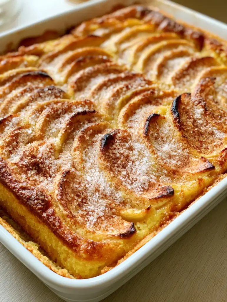 Close-up of baked Swedish Apple Cake showing the dense golden sponge and charred apple edges.