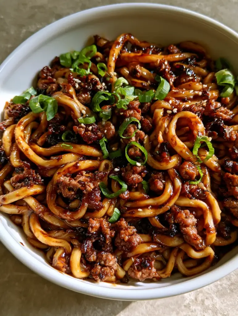 Mongolian Ground Beef Noodles with a Glossy Mahogany Sauce 1 Close up of thick egg noodles coated in dark Mongolian sauce with fresh scallion garnishes.