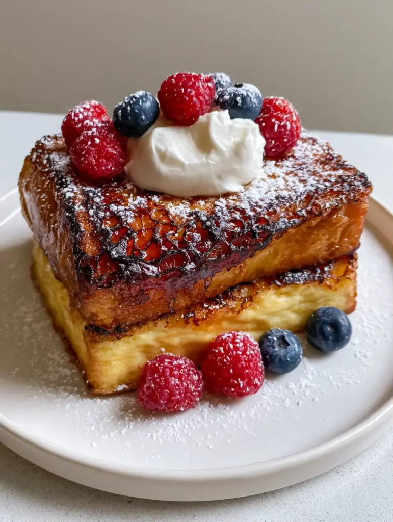 Close-up of two thick rectangular slices of brioche Crème Brûlée French Toast showing a glossy dark amber sugar crust.