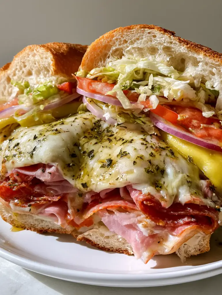 Side view of a loaded Italian Sub Sandwich on a white plate featuring golden brown bread and folded pepperoni and salami.