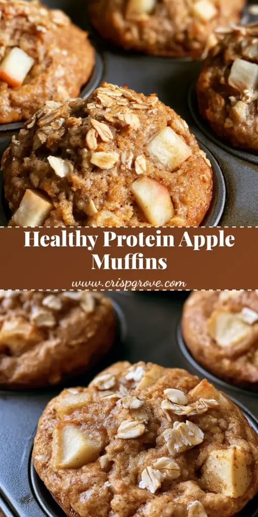 A close-up vertical shot of Apple Cinnamon Greek Yogurt Muffins with a light sprinkle of oats on a rustic wooden surface.