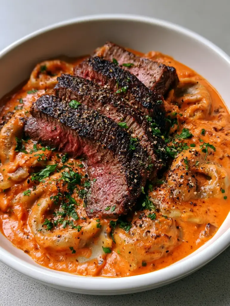 Steak and Mushroom Ravioli with Creamy Tomato Sauce 1 Overhead view of plump mushroom ravioli coated in a thick tomato cream sauce with steak and cracked pepper.