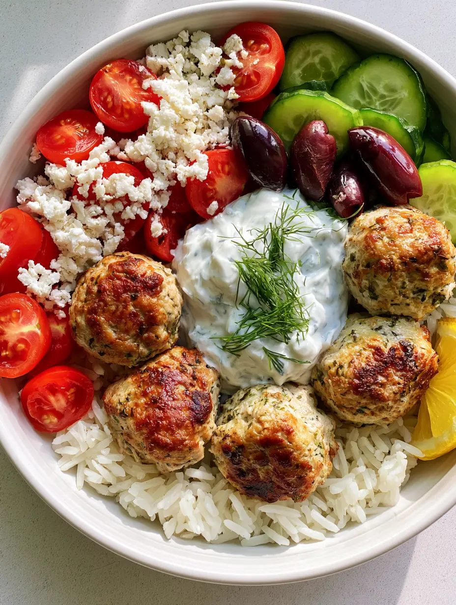 Close up of seared herb-flecked turkey meatballs in a Mediterranean bowl. (Greek Turkey Meatball Bowls)