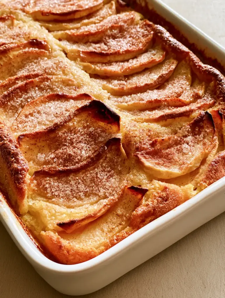 Swedish Apple Cake Recipe: Easy Authentic Rustic Sponge 1 Overhead view of overlapping apple slices on a Swedish Apple Cake dusted with cinnamon and sugar.