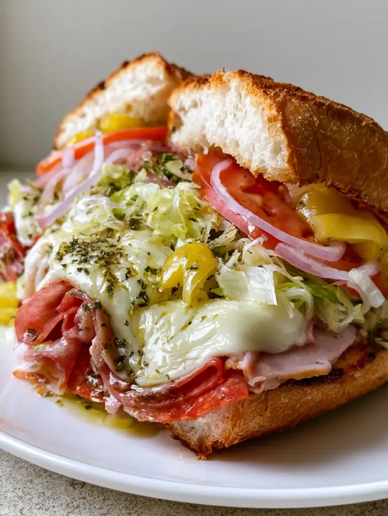 Italian Sub Sandwich: The Ultimate Oven-Toasted Deli Classic 1 Extreme close-up of melted provolone cheese bubbling over Italian deli meats inside a toasted hoagie roll.