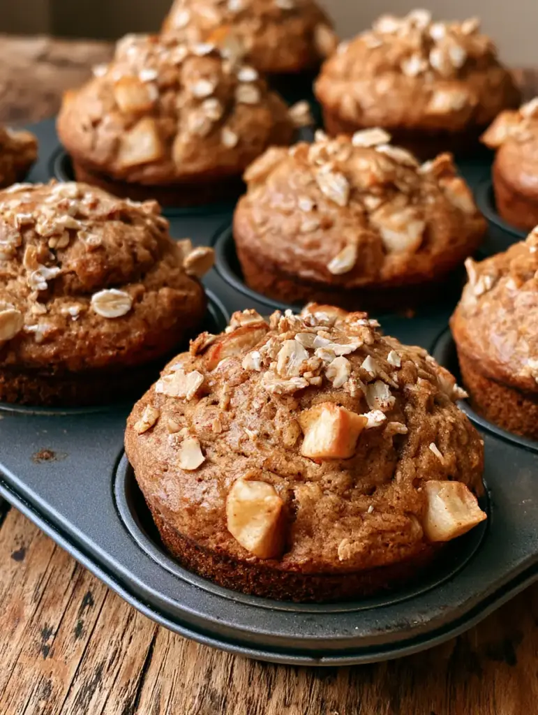 A handheld smartphone photo of fresh apple cinnamon Greek yogurt muffins in a dark metal muffin tin showing the moist crumb.